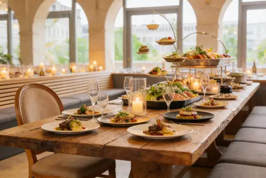 Fein angerichtete Speisen und Buffet im Umspannwerk Halle – Visualisierung