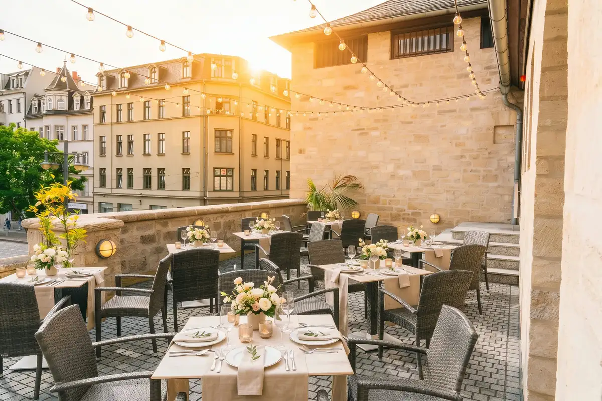 Sommerfest auf der Terrasse des Umspannwerks mit Lichterketten und Altstadtblick in Halle (Saale) – Visualisierung