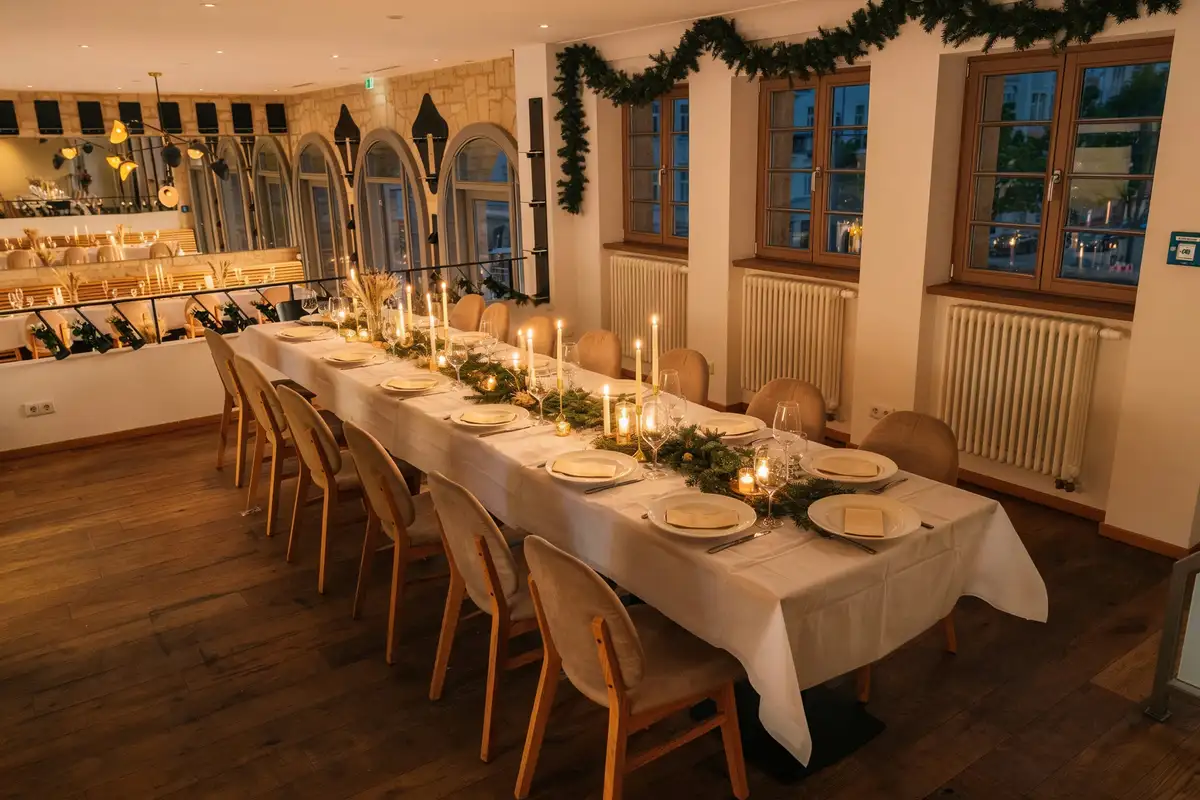 Weihnachtlich dekorierter Saal mit Festtafel, Kerzen und Tannengrün im Umspannwerk Halle (Saale) – Visualisierung
